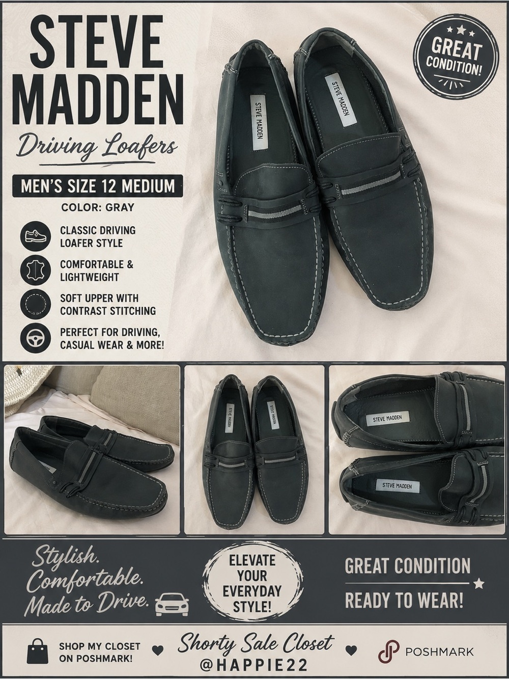Steve Madden Black Men's Slip-On Loafers with Stitch Detailing Sz12